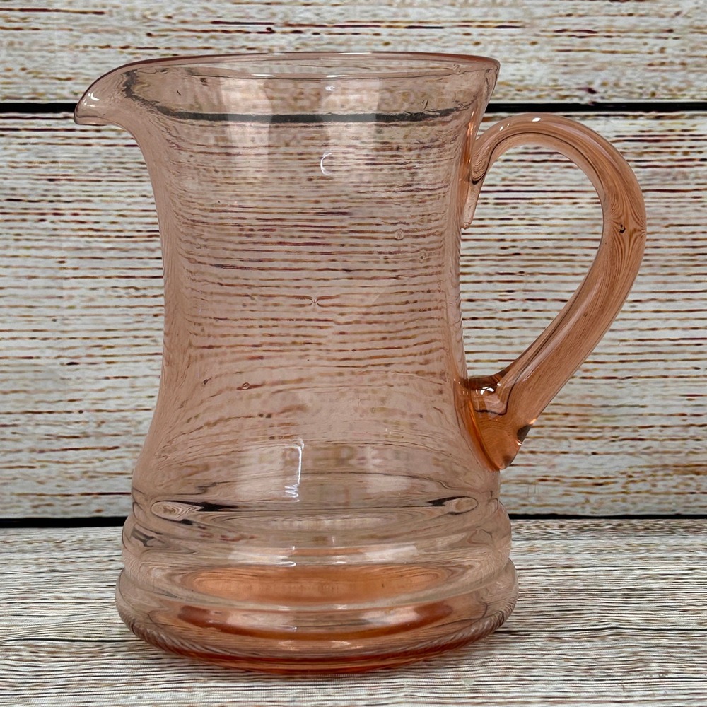 Vintage Pink Depression Glass Pitcher Ringed Base Hand Blown 7.5‎ Inch Blush